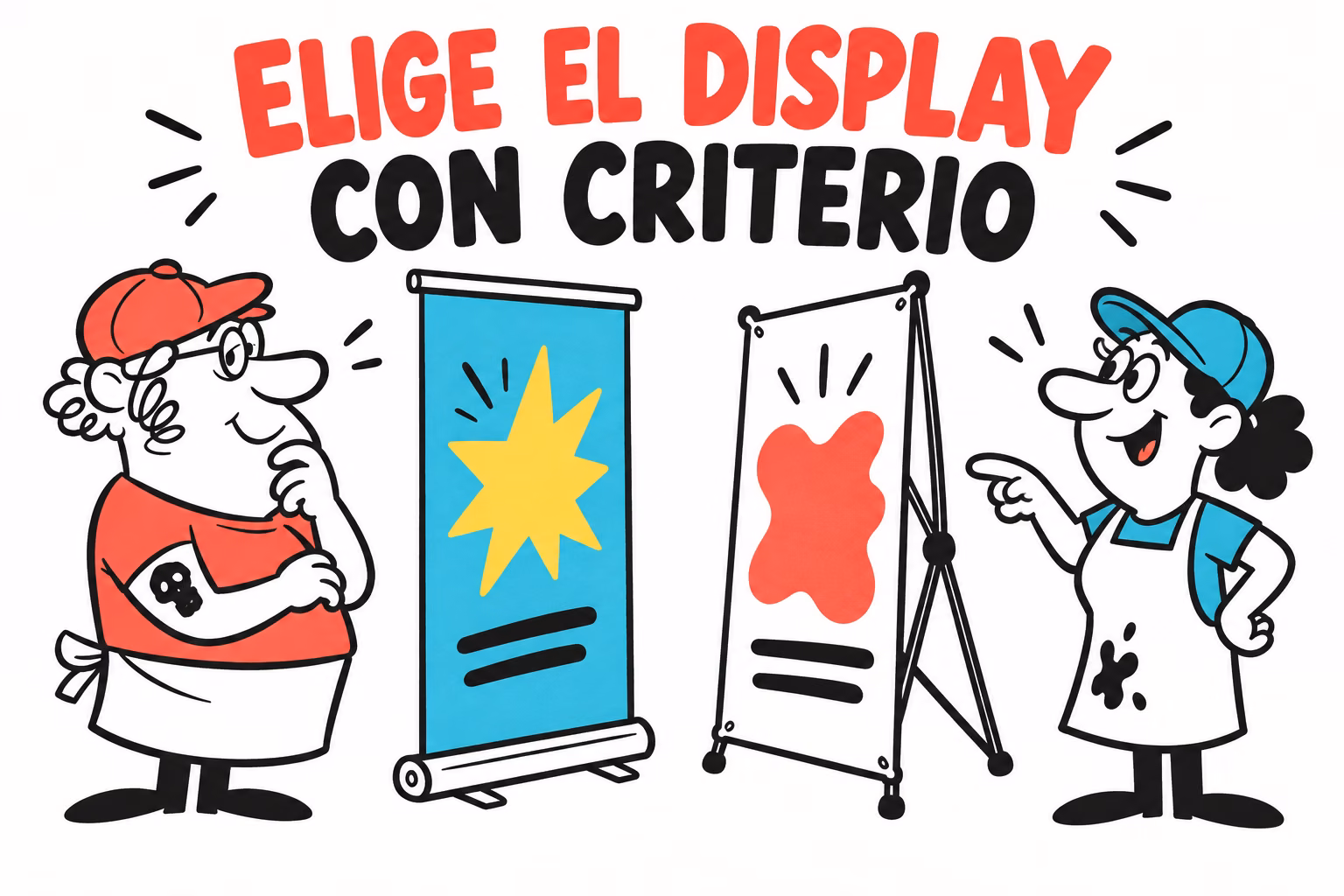 Dos profesionales ilustrados comparando un roll-up y un display con estructura en X