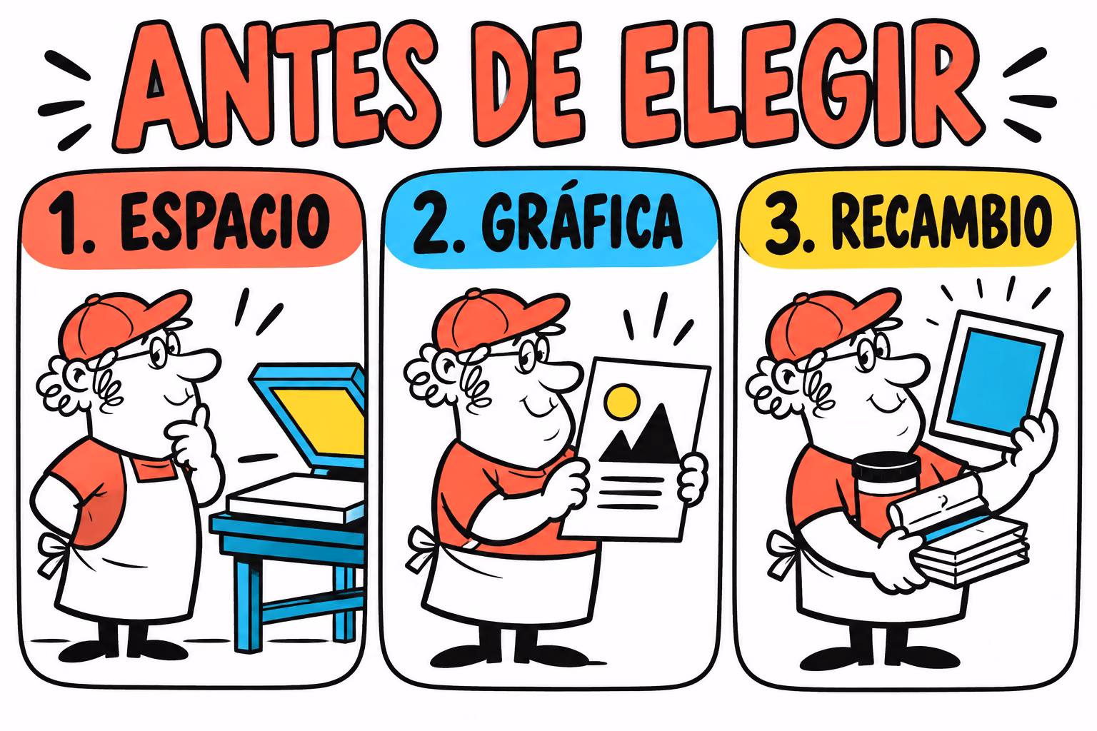 Infografía para comprobar espacio, gráfica y recambio antes de elegir un display
