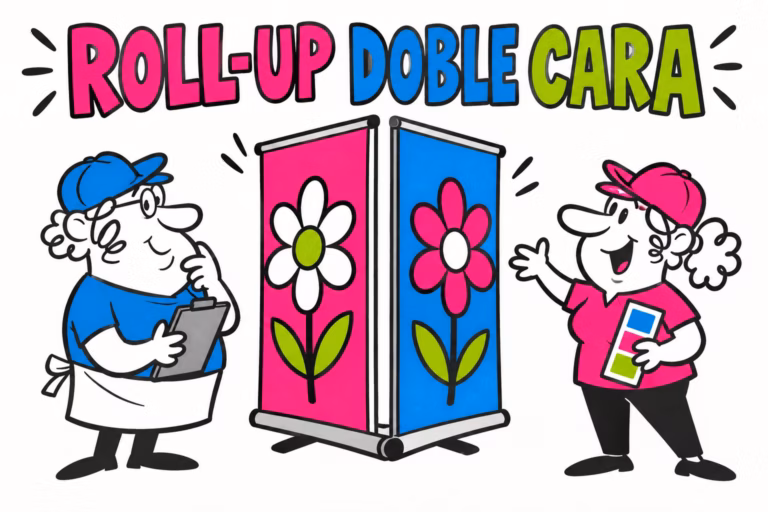 Profesionales ilustrados preparando roll-up doble cara