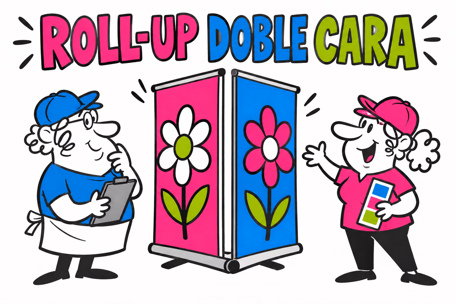 Profesionales ilustrados preparando roll-up doble cara
