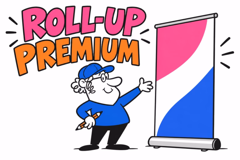 Profesionales ilustrados preparando roll-up premium