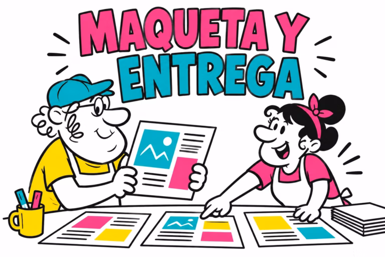 Profesionales ilustrados organizando páginas de una publicación para imprenta