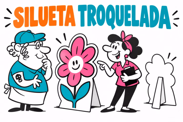 Profesionales ilustrados preparando silueta publicitaria troquelada
