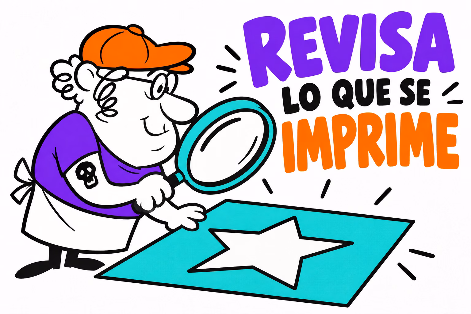 Impresor ilustrado examinando una estrella blanca sobre una pieza turquesa