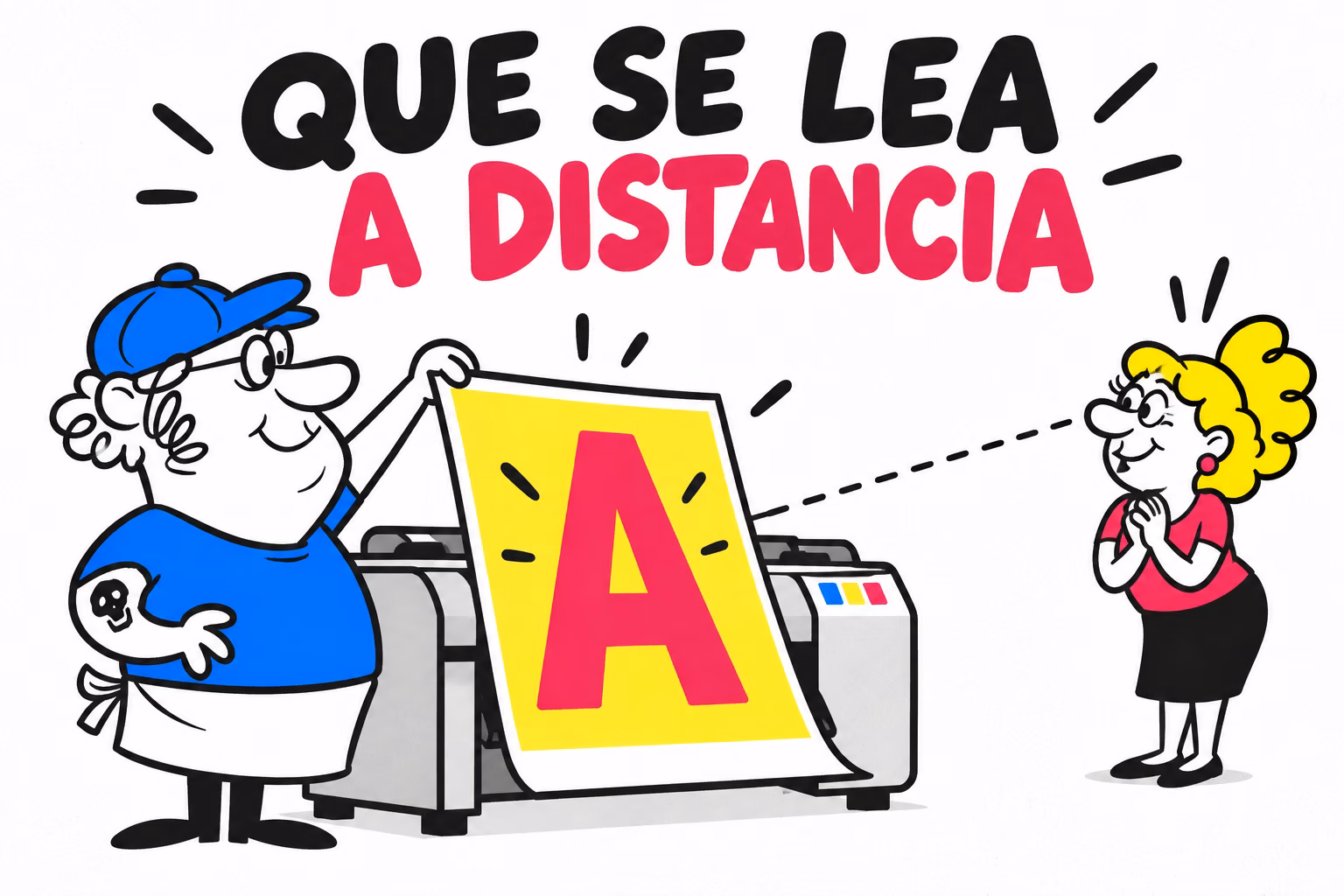 Impresor y clienta ilustrados observando una letra grande desde distintas posiciones