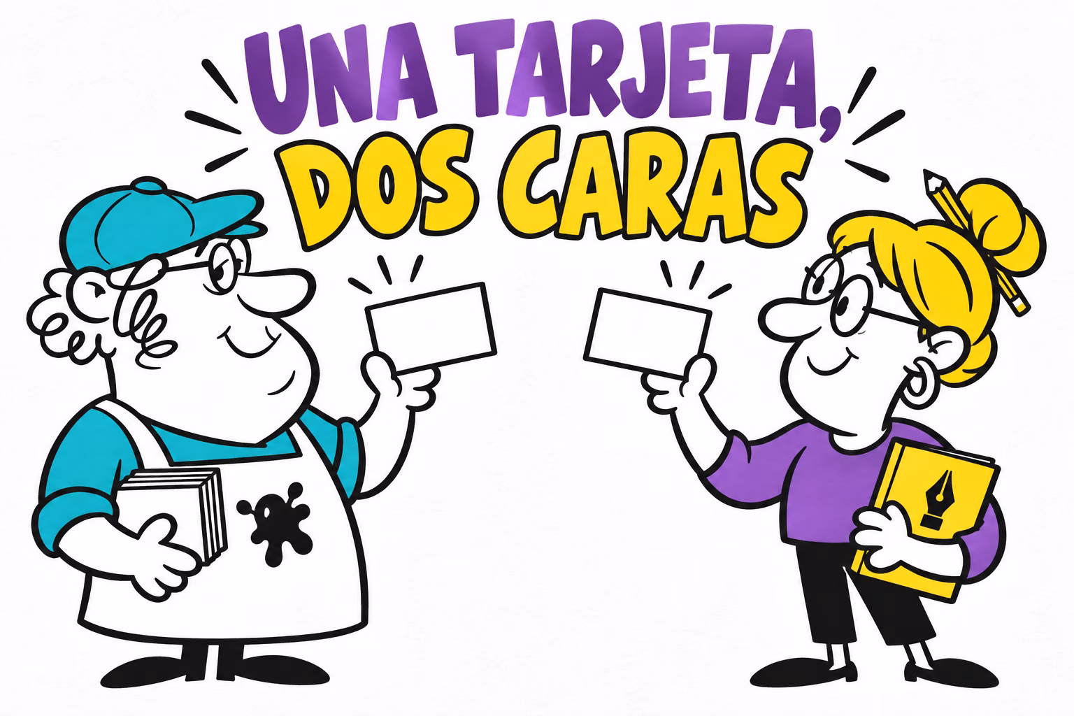 Impresor y diseñadora ilustrados preparando tarjetas en canva