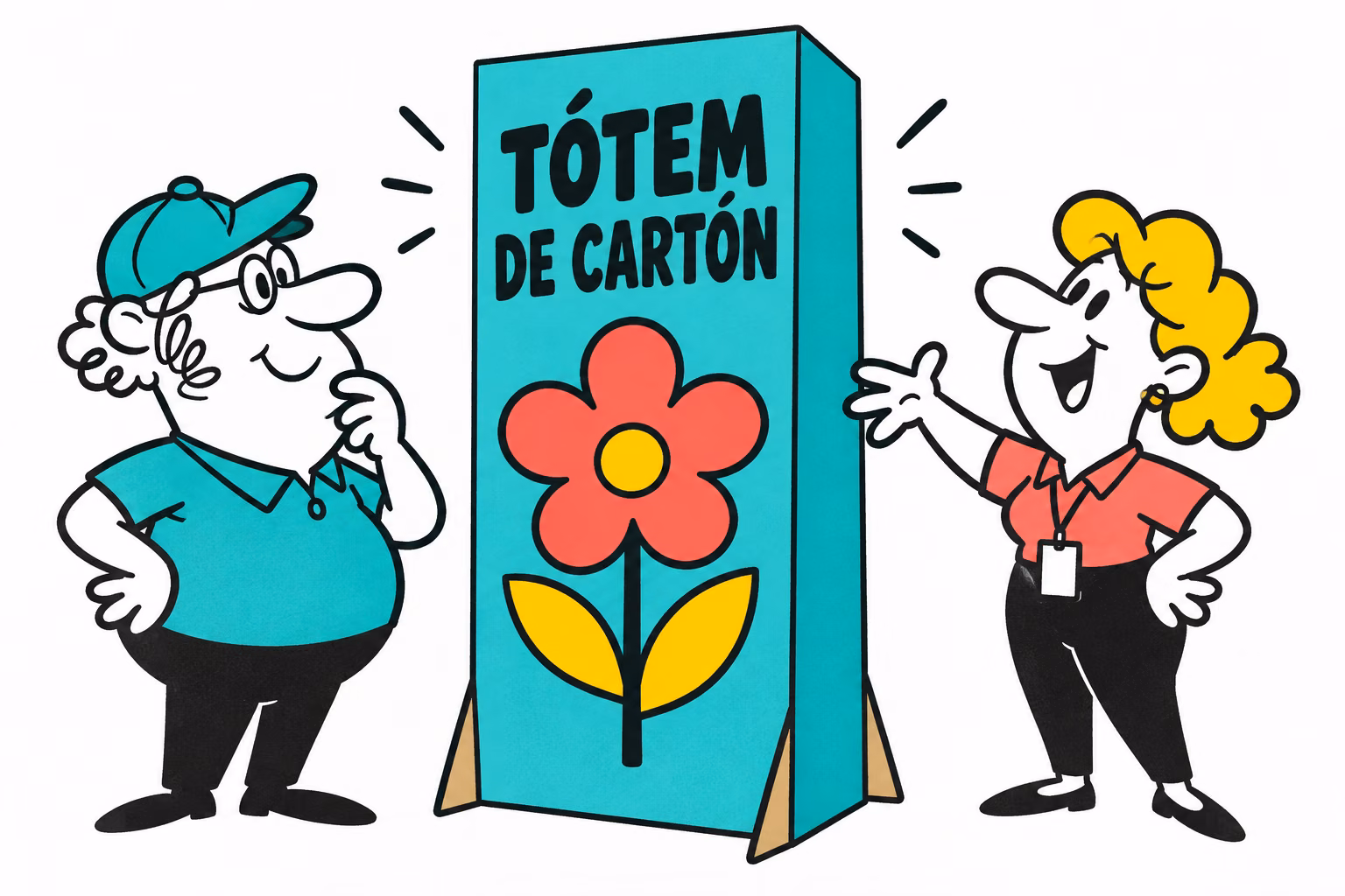 Profesionales ilustrados preparando tótem de cartón