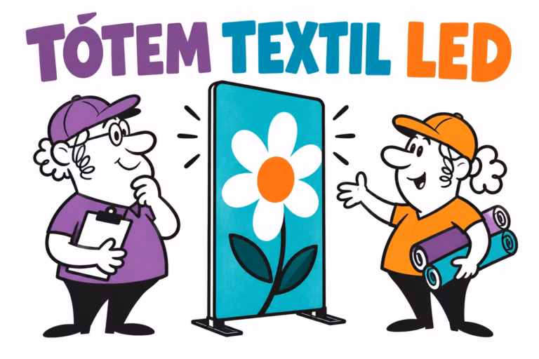 Profesionales ilustrados preparando tótem textil luminoso LED