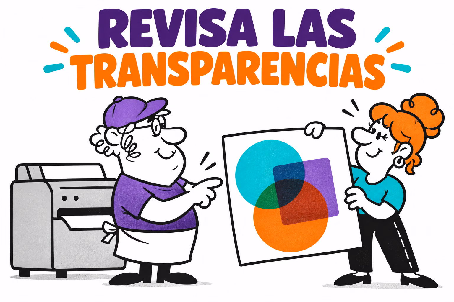 Profesionales ilustrados revisando formas superpuestas en una hoja