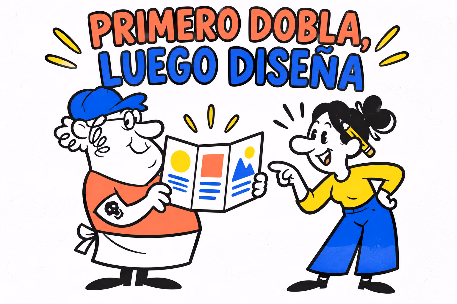 Diseñadora e impresor ilustrados revisando un folleto plegado en coral, azul y amarillo