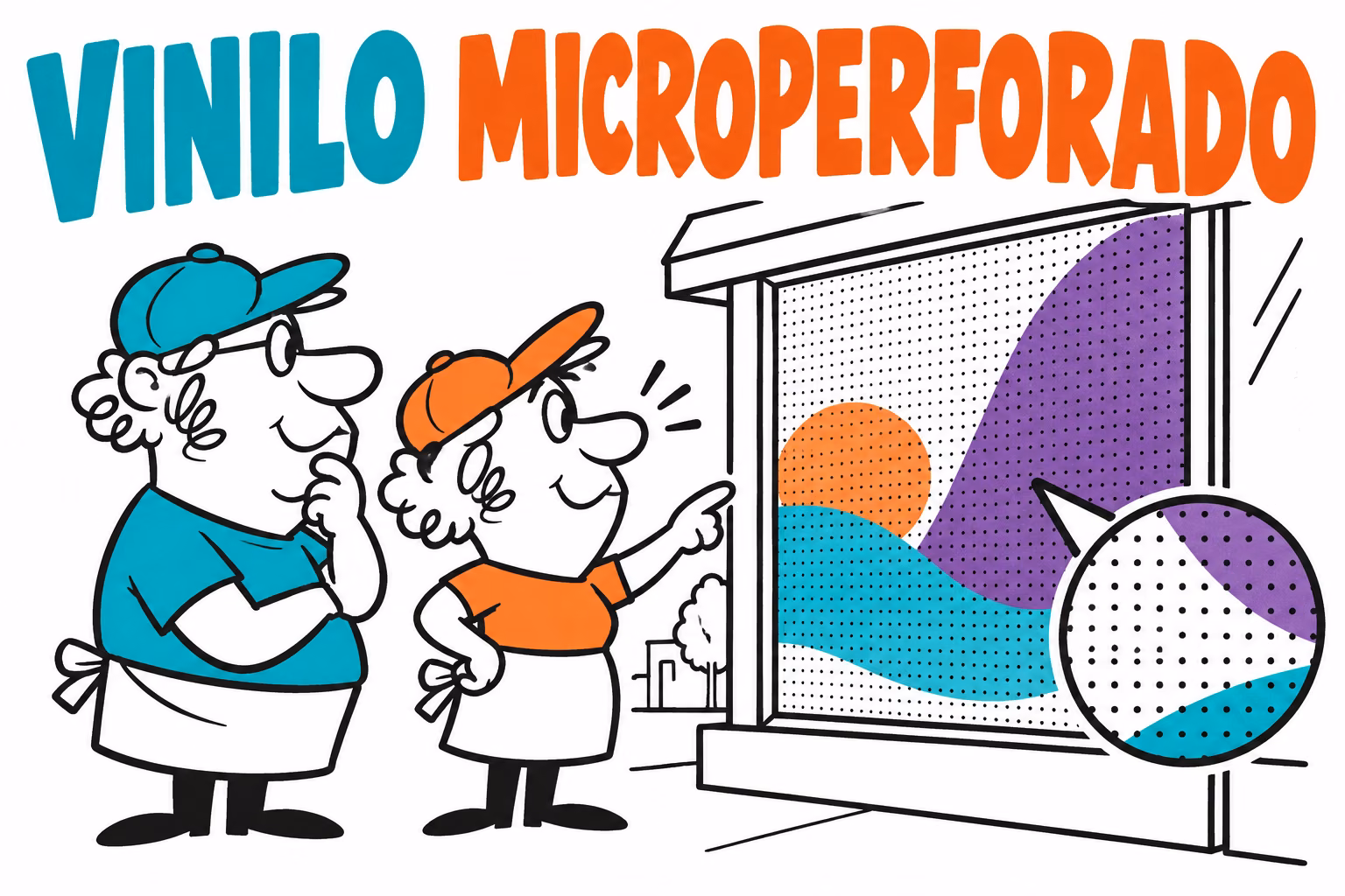 Profesionales ilustrados revisando vinilo microperforado