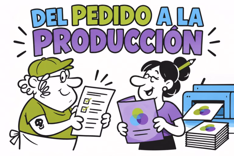 Impresor y diseñadora ilustrados preparando imprenta en woocommerce