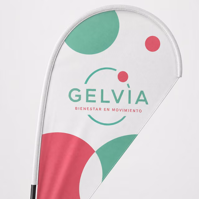 Bandera gota con impresión personalizada de la marca ficticia GELVIA
