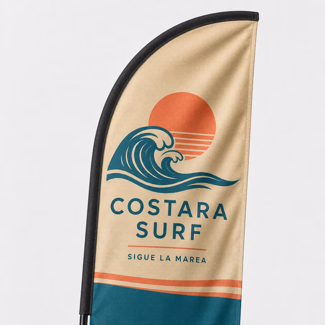 Bandera pluma con impresión personalizada de la marca ficticia COSTARA SURF