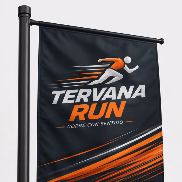 Bandera rectangular con mástil con impresión personalizada de la marca ficticia TERVANA RUN