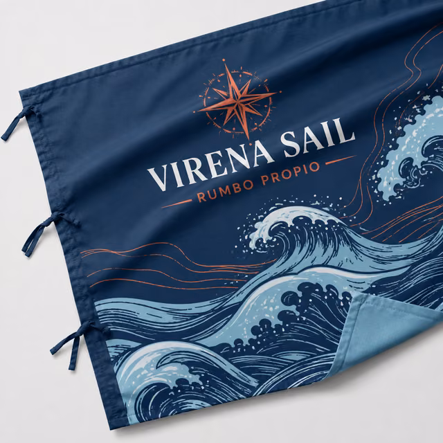 Bandera rectangular de tela sin mástil con impresión personalizada de la marca ficticia VIRENA SAIL