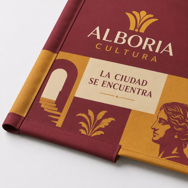 Banderola textil para farola con impresión personalizada de la marca ficticia ALBORIA CULTURA