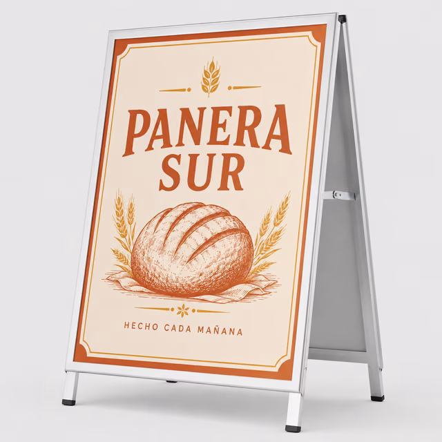 Caballete publicitario con impresión personalizada de la marca ficticia PANERA SUR