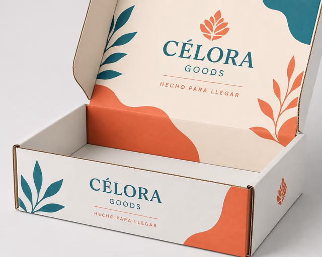Cajas de envío personalizadas con impresión personalizada de la marca ficticia CÉLORA GOODS