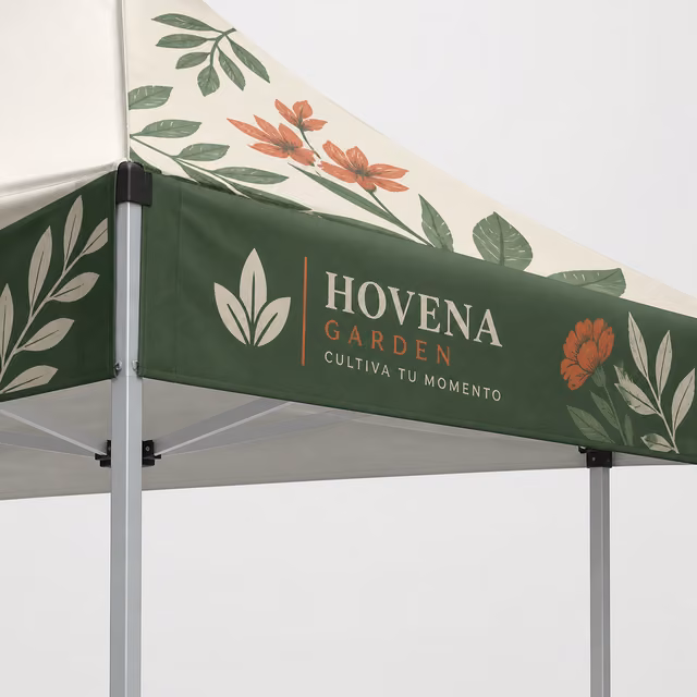 Carpa publicitaria plegable con impresión personalizada de la marca ficticia HOVENA GARDEN
