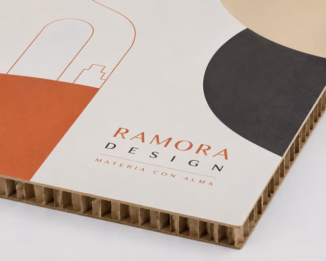 Cartón alveolar con impresión personalizada de la marca ficticia RAMORA DESIGN
