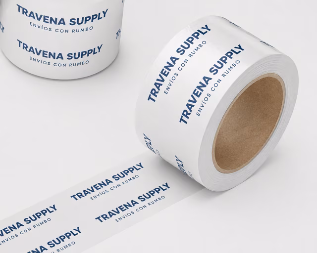 Cinta adhesiva personalizada con impresión personalizada de la marca ficticia TRAVENA SUPPLY