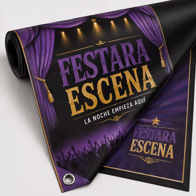 Lona blockout doble cara con impresión personalizada de la marca ficticia FESTARA ESCENA