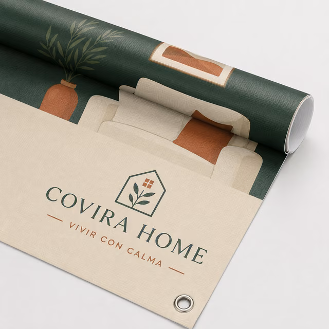 Lona frontlit con impresión personalizada de la marca ficticia COVIRA HOME