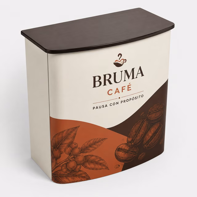 Mostrador publicitario de PVC con impresión personalizada de la marca ficticia BRUMA CAFÉ