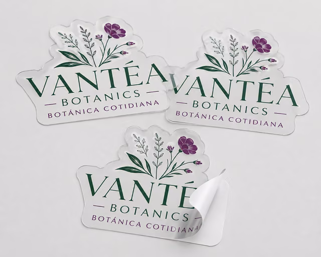 Pegatinas transparentes con impresión personalizada de la marca ficticia VANTÉA BOTANICS
