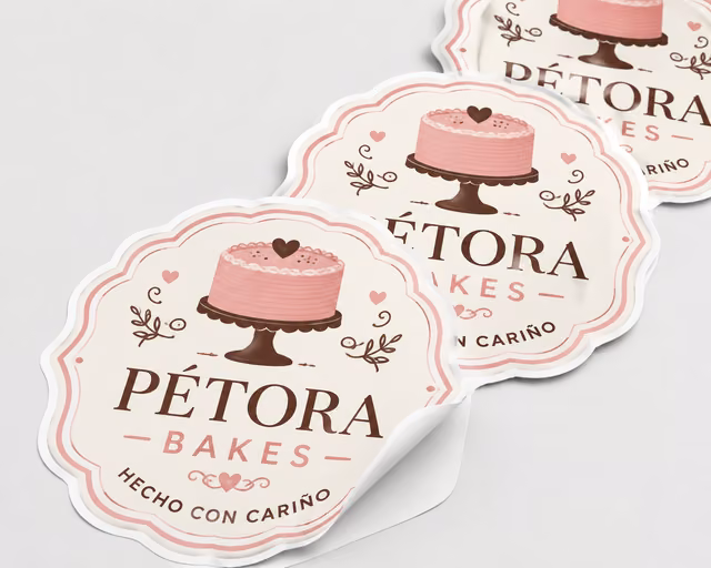 Pegatinas de vinilo blancas con impresión personalizada de la marca ficticia PÉTORA BAKES