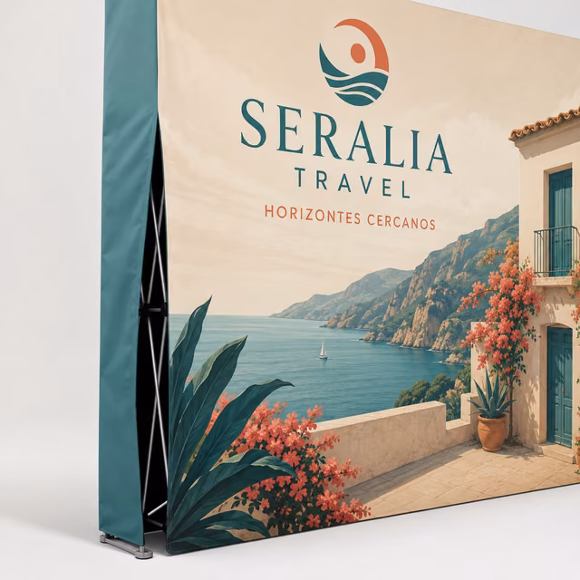 Photocall plegable pop-up textil con impresión personalizada de la marca ficticia SERALIA TRAVEL