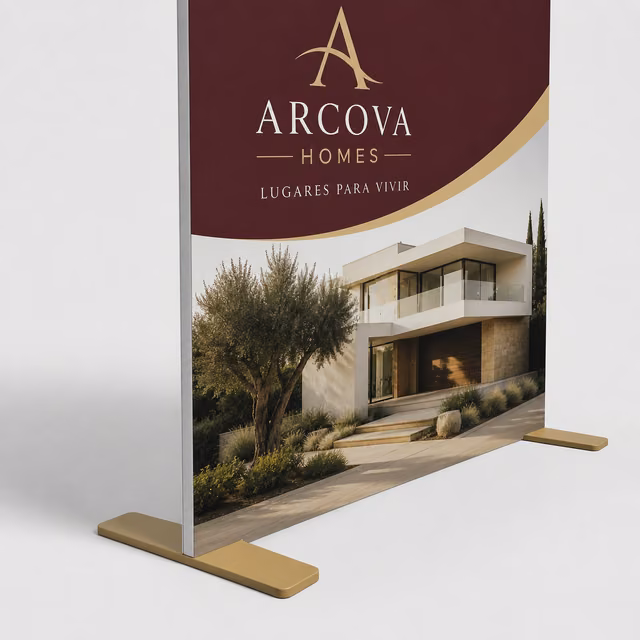 Photocall rígido con peanas con impresión personalizada de la marca ficticia ARCOVA HOMES