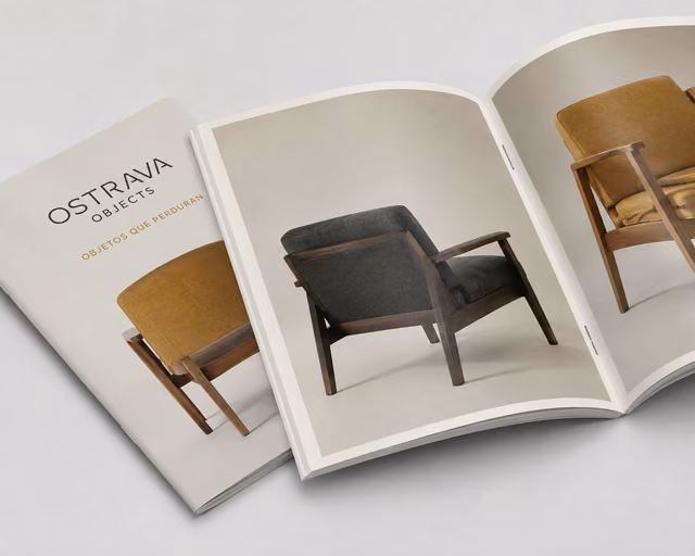 Revistas y catálogos grapados con impresión personalizada de la marca ficticia OSTRAVA OBJECTS