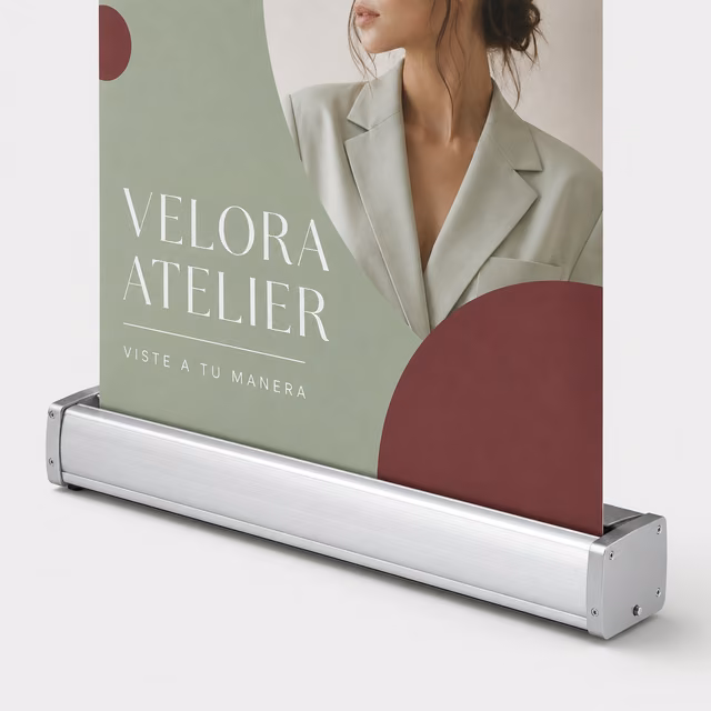 Roll-up estándar con impresión personalizada de la marca ficticia VELORA ATELIER