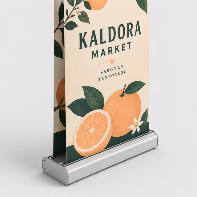 Roll-up doble cara con impresión personalizada de la marca ficticia KALDORA MARKET