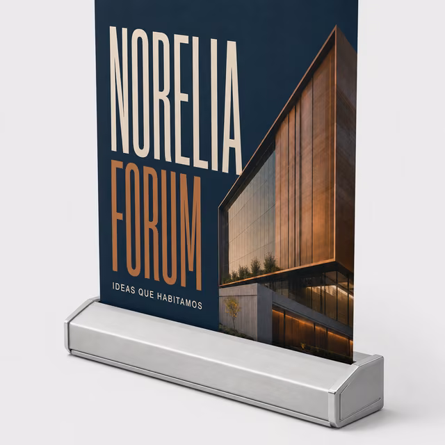 Roll-up premium con impresión personalizada de la marca ficticia NORELIA FORUM