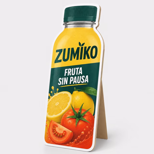 Silueta publicitaria troquelada con impresión personalizada de la marca ficticia ZUMIKO