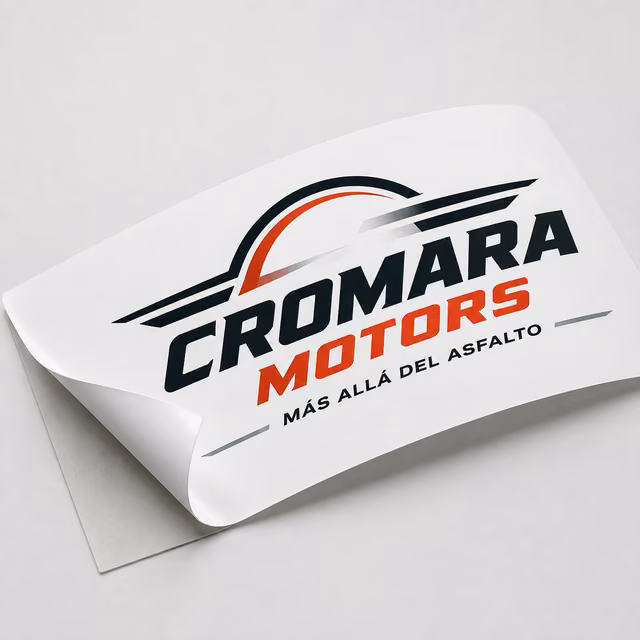 Vinilo polimérico blanco con impresión personalizada de la marca ficticia CROMARA MOTORS