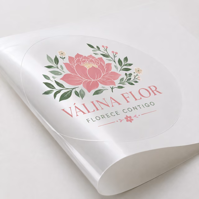 Vinilo transparente con impresión personalizada de la marca ficticia VÉLINA FLOR