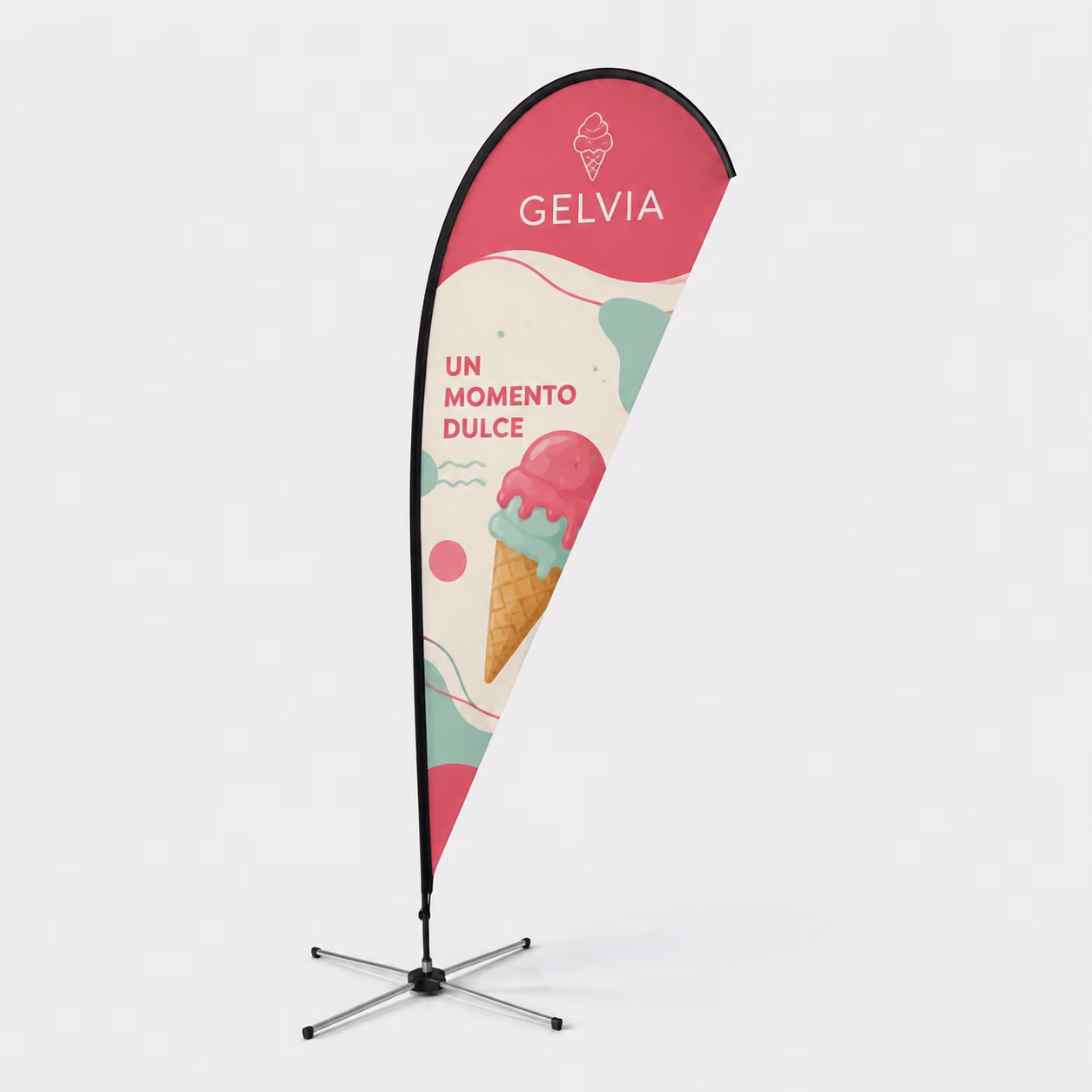 Bandera gota con impresión personalizada de la marca ficticia GELVIA