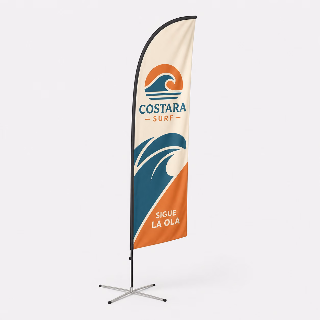 Bandera pluma con impresión personalizada de la marca ficticia COSTARA SURF