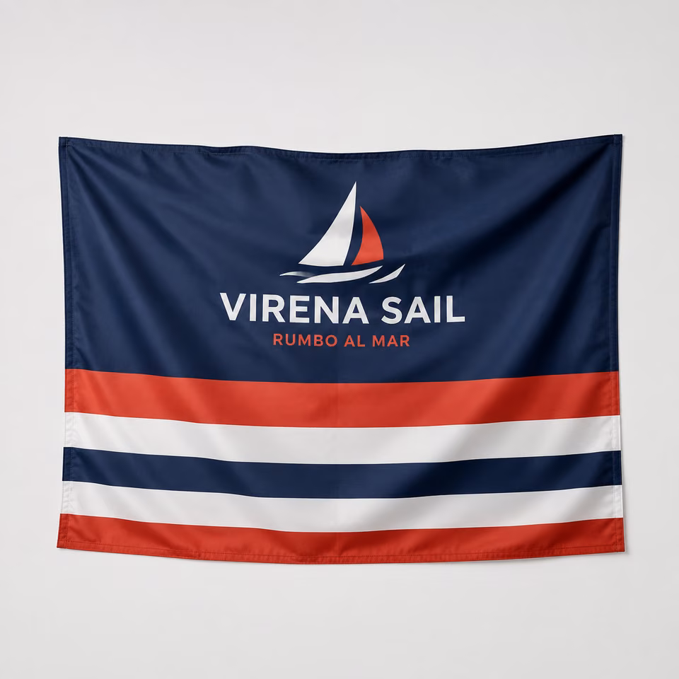 Bandera rectangular de tela sin mástil con impresión personalizada de la marca ficticia VIRENA SAIL