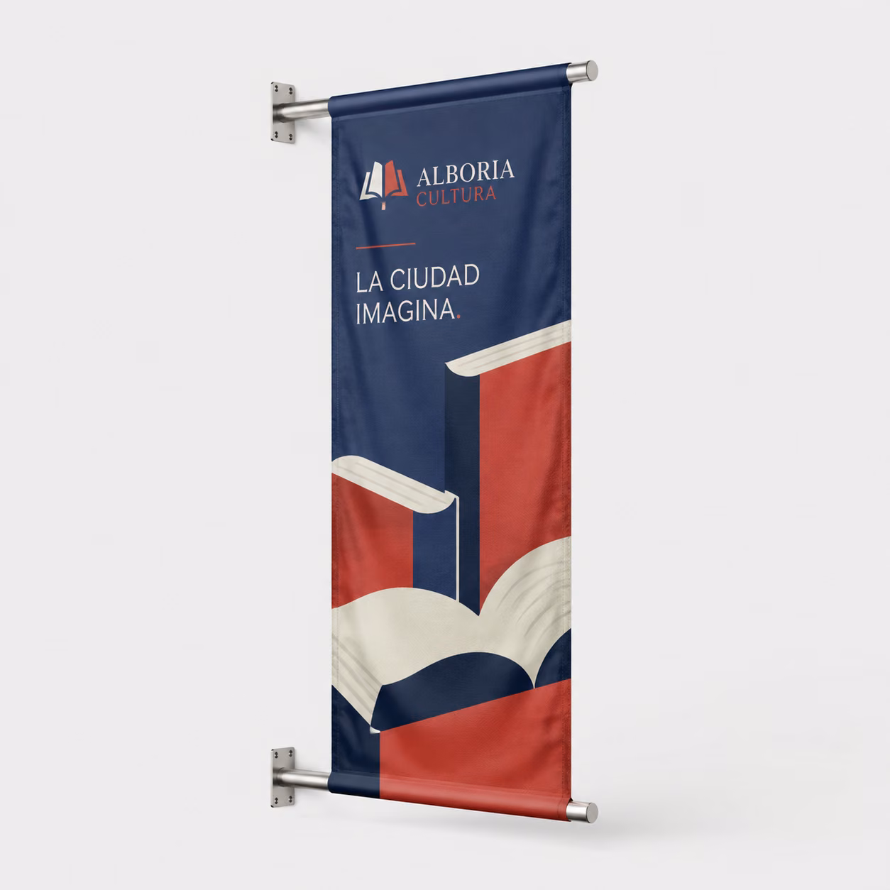 Banderola textil para farola con impresión personalizada de la marca ficticia ALBORIA CULTURA