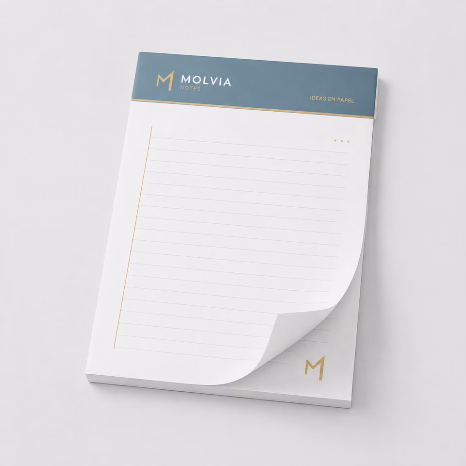 Blocs de notas con impresión personalizada de la marca ficticia MOLVIA NOTES