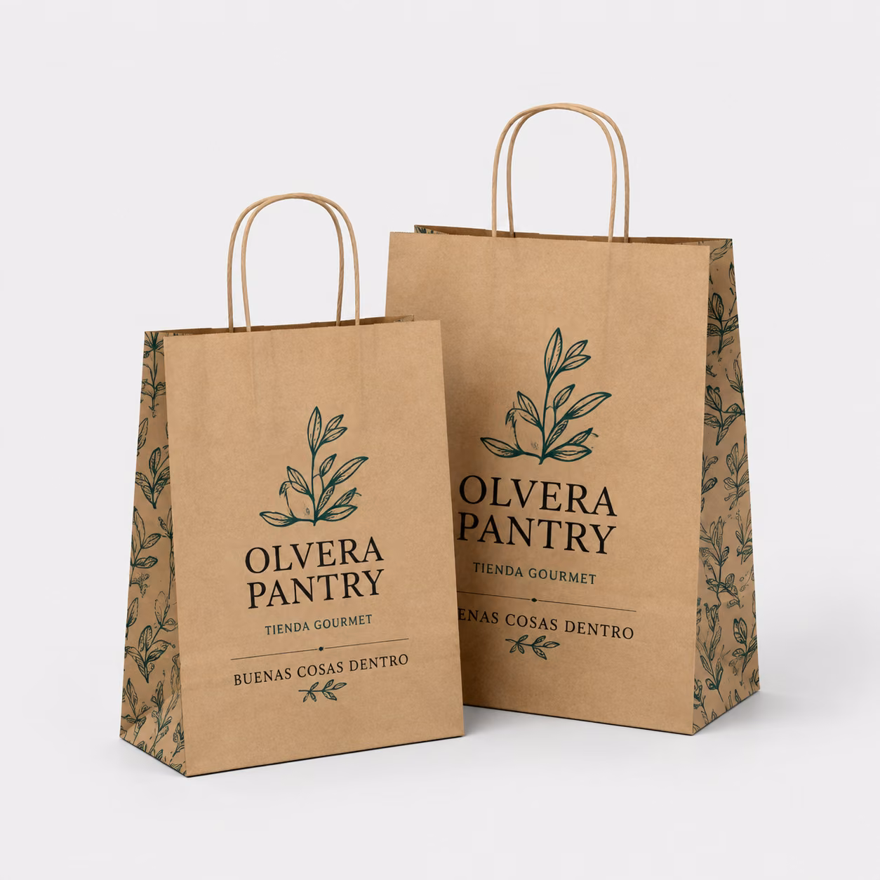 Bolsas de papel kraft personalizadas con impresión personalizada de la marca ficticia OLVERA PANTRY