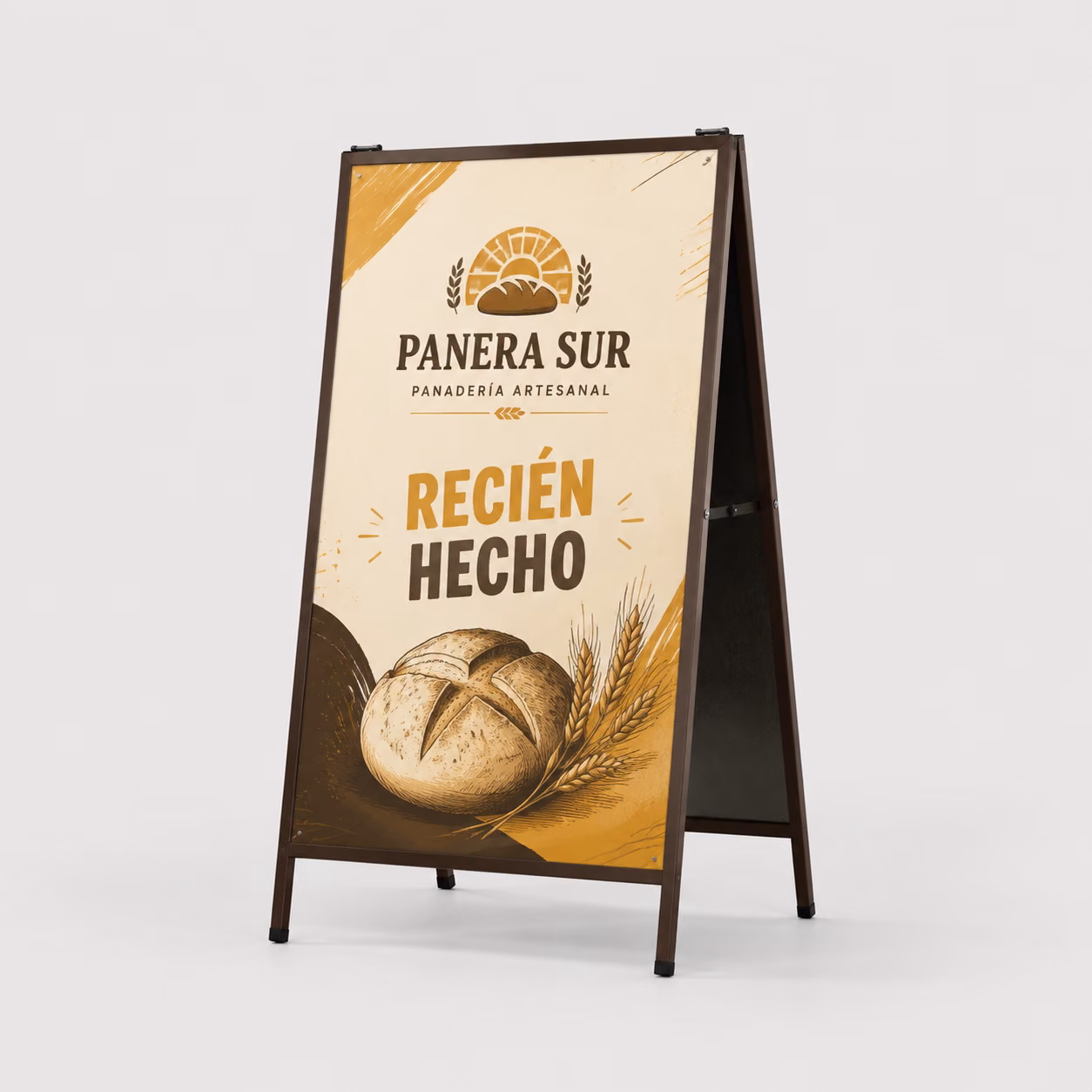 Caballete publicitario con impresión personalizada de la marca ficticia PANERA SUR