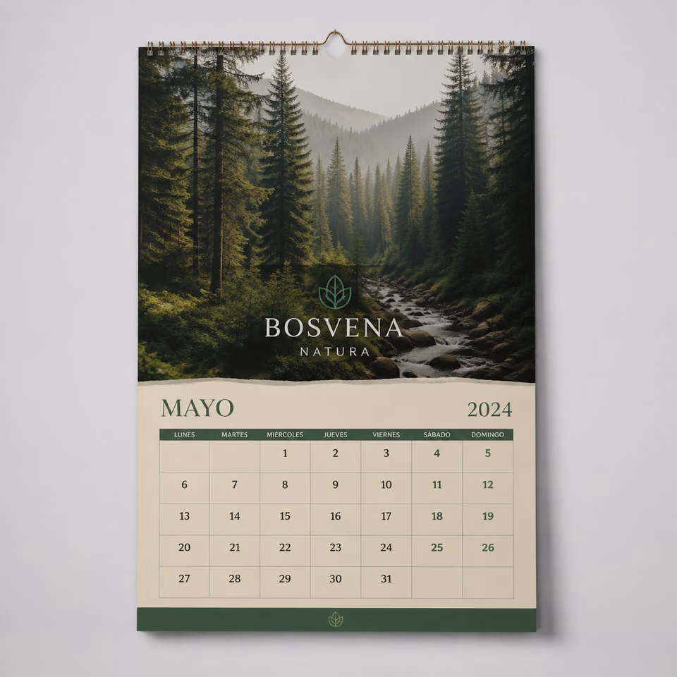 Calendarios de pared con impresión personalizada de la marca ficticia BOSVENA NATURA
