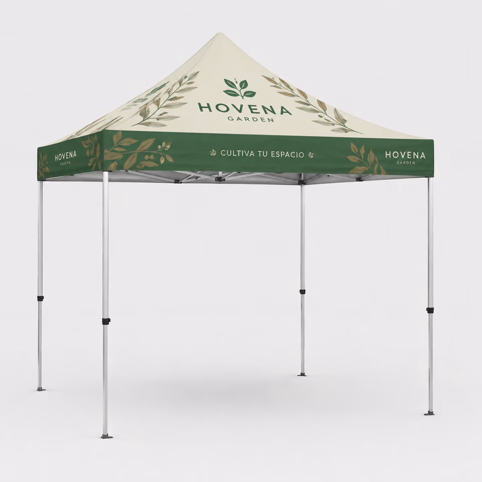 Carpa publicitaria plegable con impresión personalizada de la marca ficticia HOVENA GARDEN