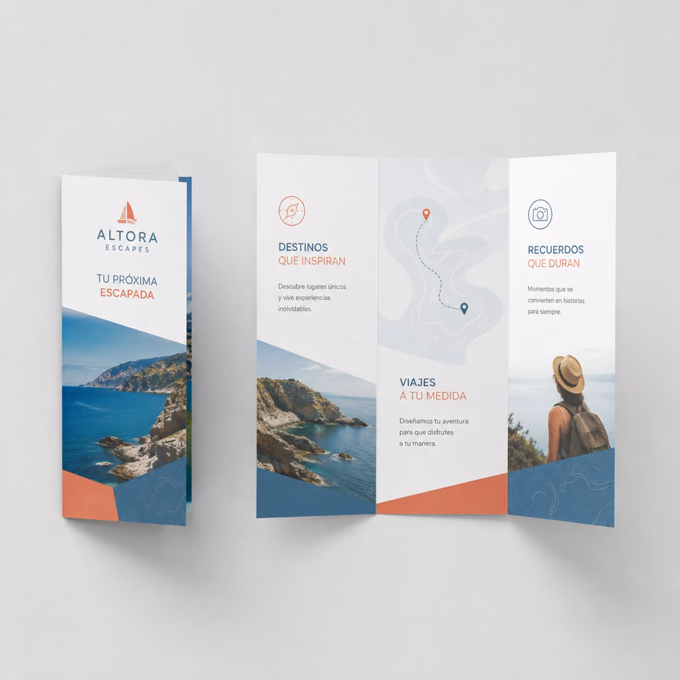 Dípticos y trípticos con impresión personalizada de la marca ficticia ALTORA ESCAPES
